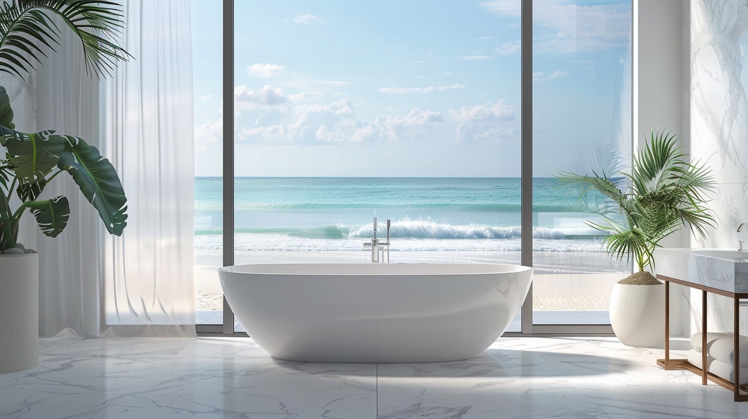 Ein luxuriöses Badezimmer mit einer großen, ovalen Badewanne. Der Boden ist mit weißen Marmorfliesen ausgelegt. Hinter der Badewanne sieht man durch große Fenster einen Sandstrand und das türkisfarbene Meer. Links vom Fenster hängen helle, leichte Vorhänge, daneben steht ein großer weißer Topf mit Grünpflanzen. Auf der rechten Seite sind ein weiterer Topf mit einer Palme sowie ein weißes Waschbecken auf einem offenen Holztisch zu sehen. Darunter liegen zusammengelegte, weiße Handtücher.