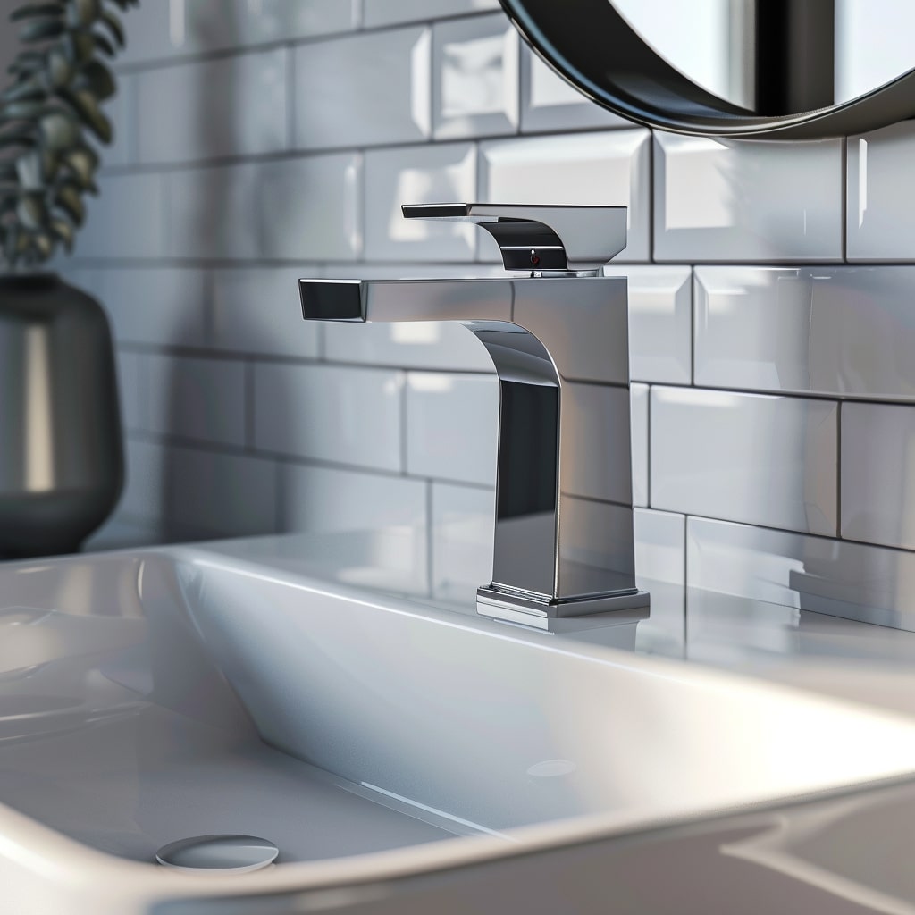 Ein stilvoller Ausschnitt aus einem modernen Badezimmer mit hochwertiger Ausstattung.
Im Fokus steht ein weißes Design-Waschbecken, das mit einer eleganten, mattschwarzen Armatur und einem runden Spiegel kombiniert ist. Im unscharfen Hintergrund ist eine grüne Pflanze in einer Vase auf einer Ablage zu erkennen, die das minimalistische Design perfekt ergänzt.